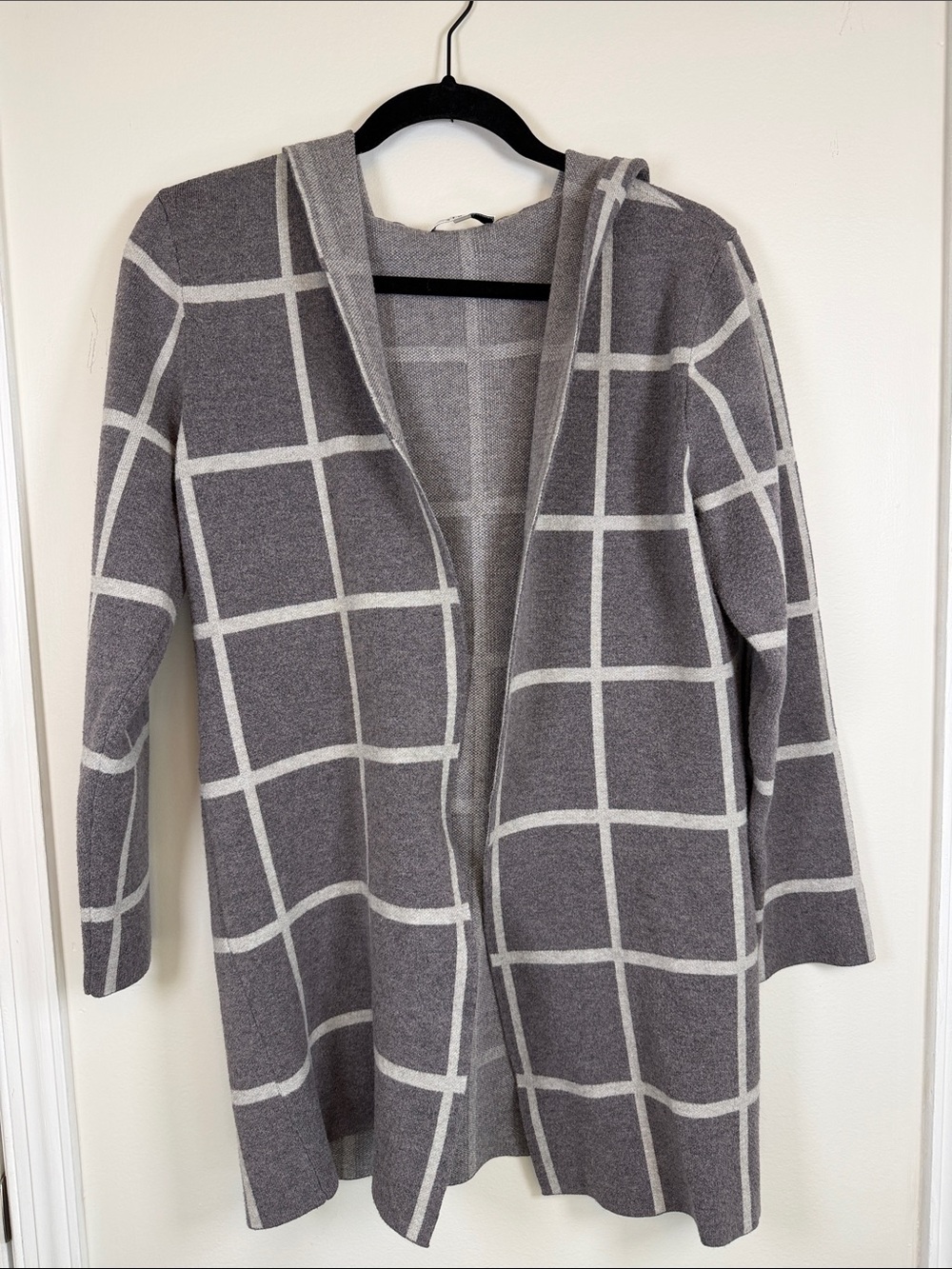 Sioni Gray White Grid Hooded Open Front Cardigan M